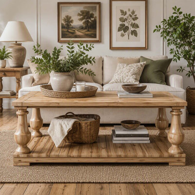 Table basse de style champêtre avec tablette de rangement, pieds tournés en bois, table centrale rustique à 2 niveaux en bois naturel pour le salon