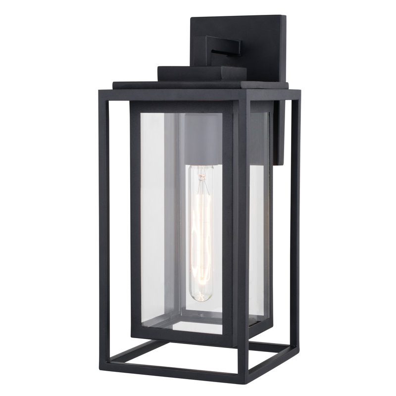 Tesler 16 in. H 1-Light Textured Black Transitional Outdoor Wall Sconce made of Durable Metal, Clear Glass Shade, LED Compatible, Use for Exterior Porch Patio Front Door or Garage
