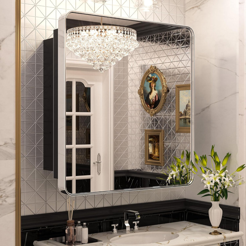 Armoire à pharmacie en nickel brossé pour salle de bain avec miroir, cadre en acier inoxydable, tablettes réglables, encastré ou mural, conception rectangulaire arrondie, fabrication durable