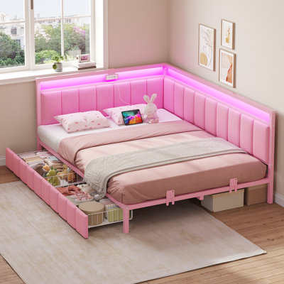 Structure de lit d'angle avec tiroirs de rangement, canapé-lit double avec rails revêtus de tissu métallique, unité de lit avec lumières à DEL et station de charge, structure de lit double moderne (beige)