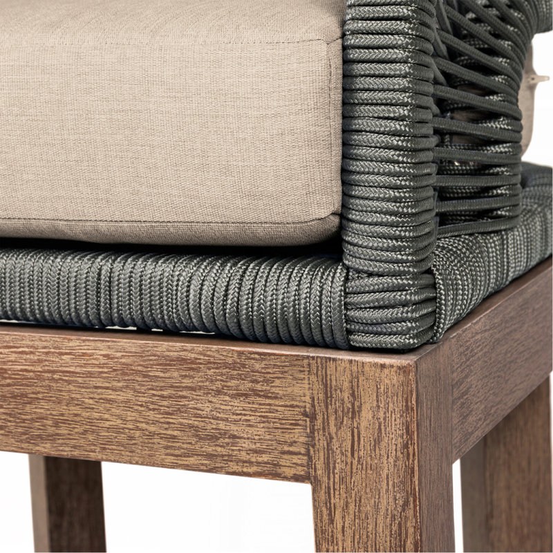 Ensemble repas d'extérieur 5 pièces en bois d'eucalyptus vieilli avec corde grise et coussins en oléfine taupe