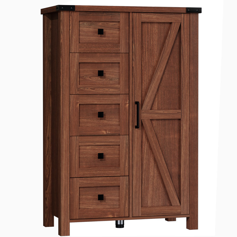 48 Inch Tall Farmhouse Dresser Storage Cabinet Chest of Drawer for Bedroom, 5 Drawer Dresser with Barn Door, Brown