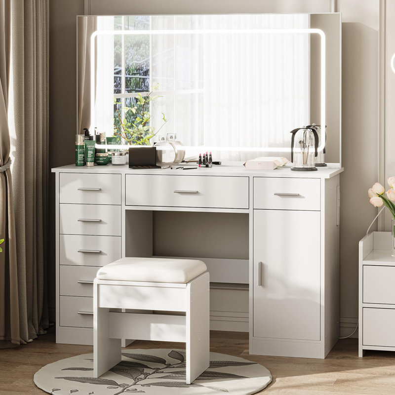 Vanity with Chair and Mirror and 7 Drawers Storage, Black Makeup Vanity Desk with Lights, Charging Station, Vanitys Set with 3 Light Mode and Brightness Adjusted, Make Up Table with Hairdryer Holder