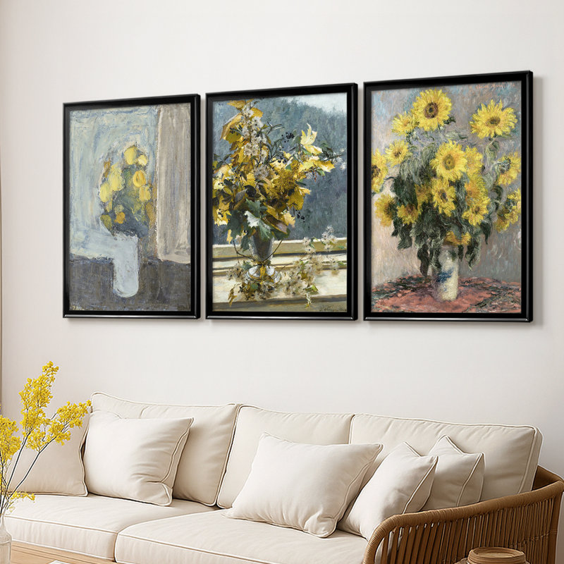 Reproduction florale rétro CCXLI - Toile tendue avec châssis encadré - 3 pièces, Noir, H 21 po x l 30 po