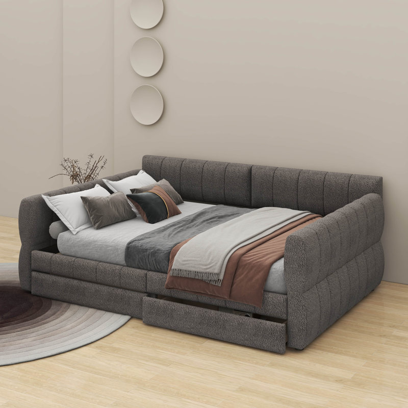 Grand lit plateforme tapissier avec port USB et tiroirs, Gris
