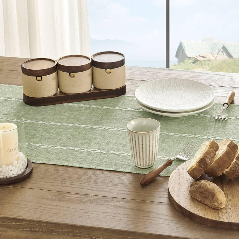 Green Braided Linen Polyester Table Runner with Tassels