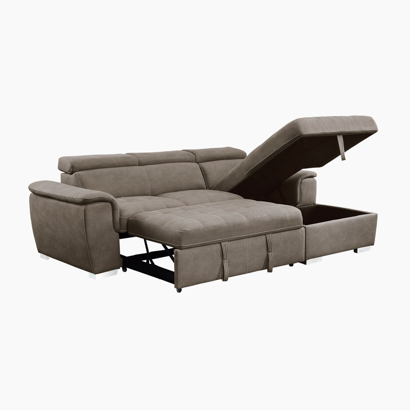 Caisse 98" Modern & Contemporary Microfiber 2-Piece Sectional Sofa with Integrated Pull-Out Sleeper Bed, Adjustable Headrests & Hidden Storage Chaise