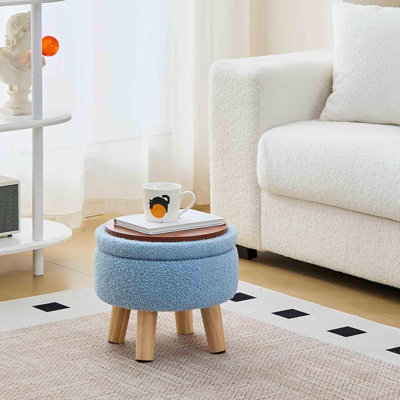 Repose-pieds rond avec repose-pieds en bois et rangement bleu