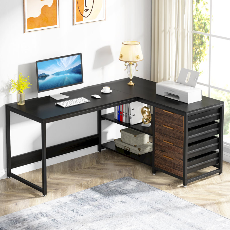 L-Shaped Computer Desk, Black, Brown/Black