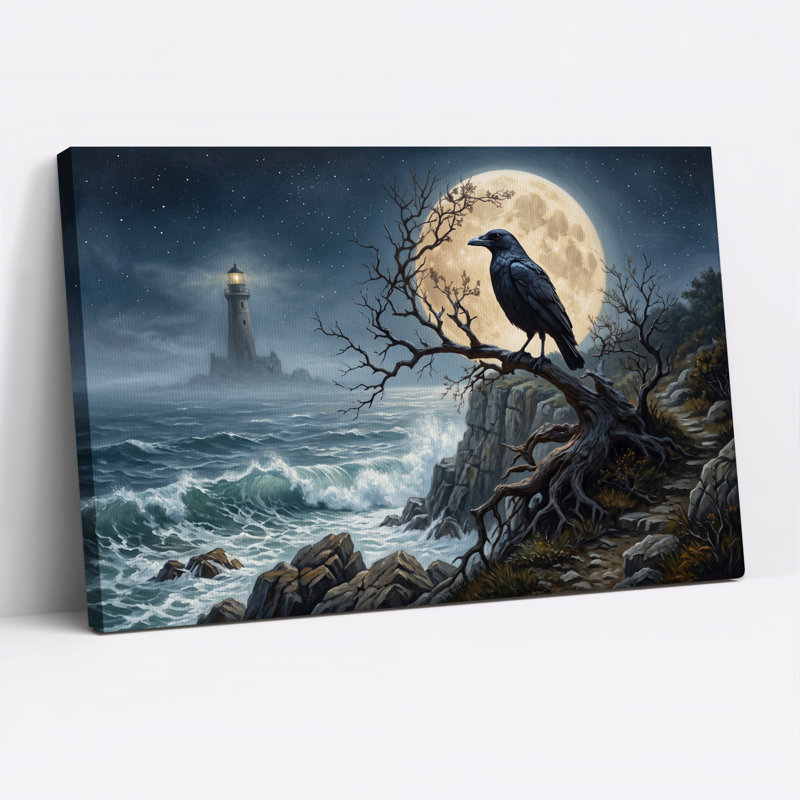 Toile noire perchée près du phare d'Halloween, H 18 po x l 24 po