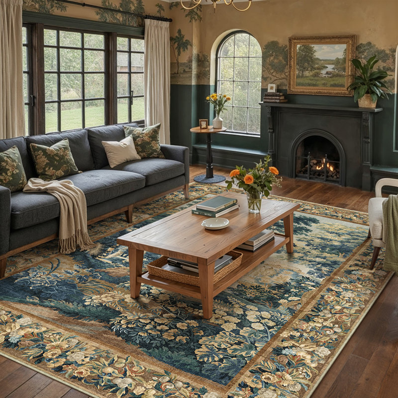 Rylee Landscape Floral Blue/Green/Brown Washable Area Rug With Non-Slip Backing, Rectangle 8' x 10'