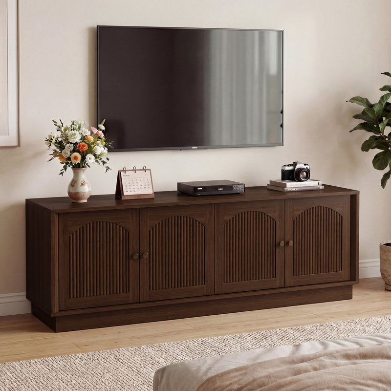 Tv Stand For 75 Inch Tv, Mid Century Modern Tv Stand With Arched Fluted Doors, Media Console Cabinet With Adjustable Shelves, 67" Entertainment Center With Storage For Living Room Bedroom, Brown