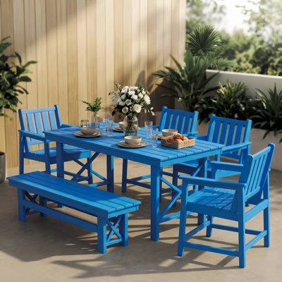 Sky Blue 6-Piece HDPE Plastic Patio Outdoor Dining Set with Bench, Arm Chairs and Rectangular Table