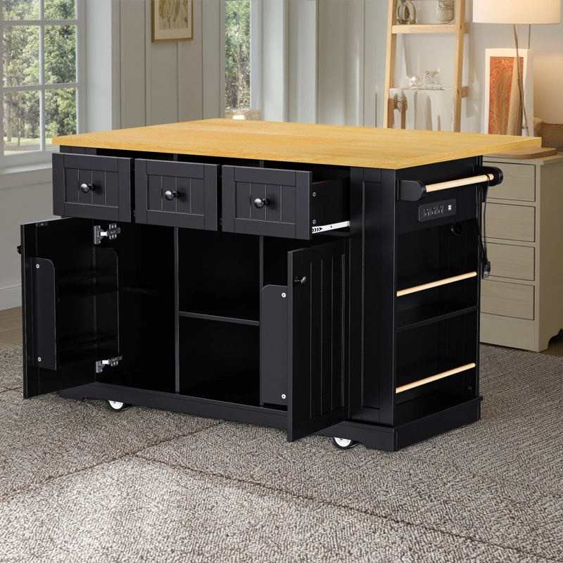 Large Kitchen Island With Drop Leaf, Power Outlet, Door Internal Storage Rack, Rolling Kitchen Cart On 5 Wheels With 5 Open Side Racks For Kitchen, Dining Room(Not Include Bar Stools)