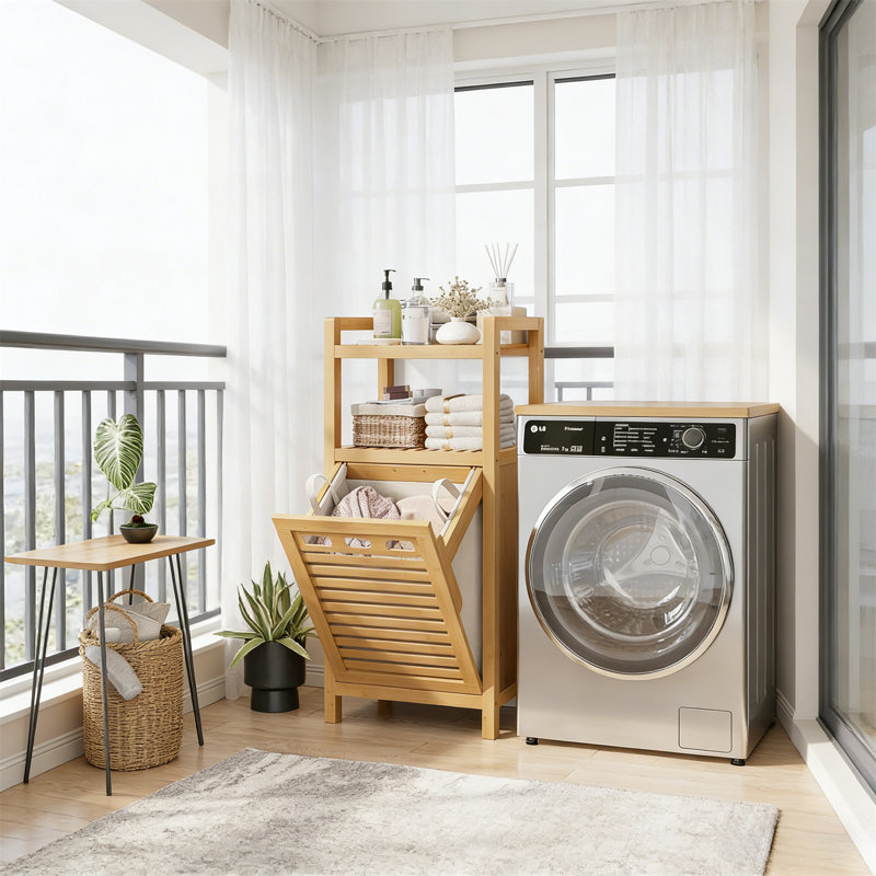 Tilted Laundry Basket, 10 Gallon Bamboo Laundry Storage Cabinet With Detachable Basket, Hidden Laundry Basket Storage Rack, Suitable For Bathrooms And Laundry Rooms, Saving Space
