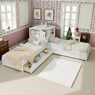 Molli L-Shaped Twin Bed With Trundle & Built-in Desk Corner, 4 Shelves Cabinet & LED Lights