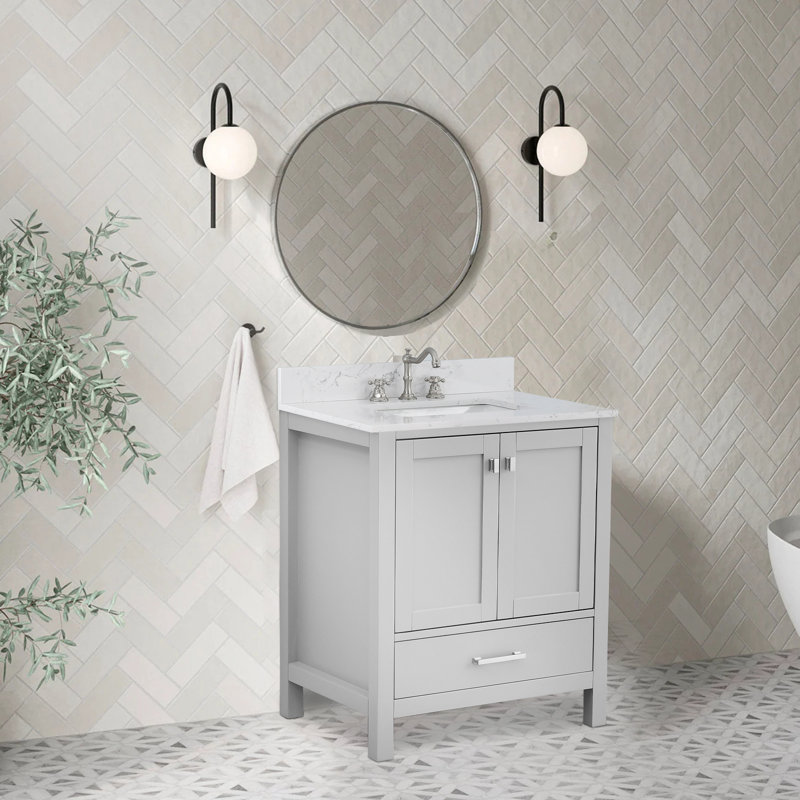 Meuble-lavabo moderne avec lavabo et rangement, Gris / Nickel brossé, 30'