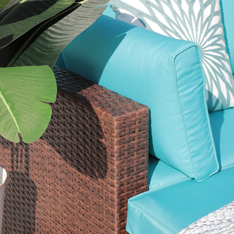 Alishea 4-Piece Rattan Outdoor Sofa with Cushions, Brown Frame/Blue Cushion