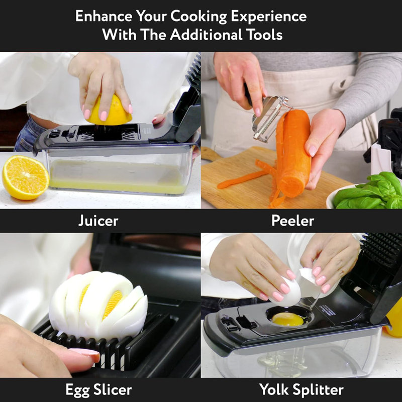 Hachoir à légumes et trancheuse 9 en 1 avec récipient, gadget de cuisine Spiralizer, noir