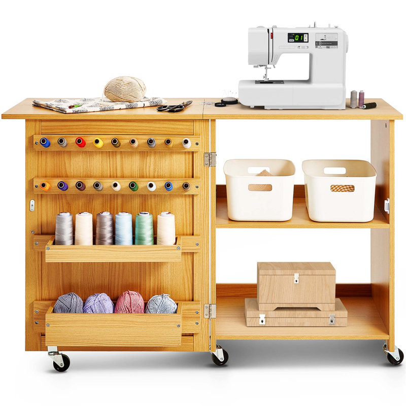 Table de machine à coudre pliante polyvalente avec tablettes de rangement, roues, portes magnétiques pour l'artisanat domestique