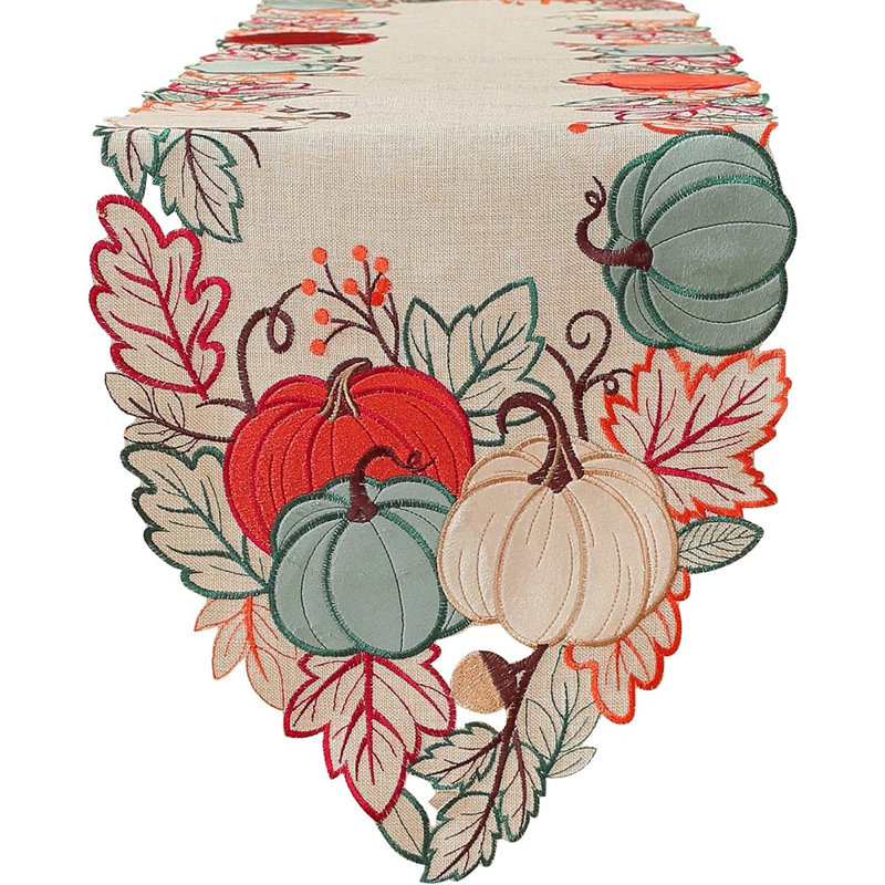Chemin de table - Automne / Action de grâce - Citrouilles en velours brodées et feuilles d'érable, décor de récolte saisonnier pour la maison, la cuisine et la salle à manger