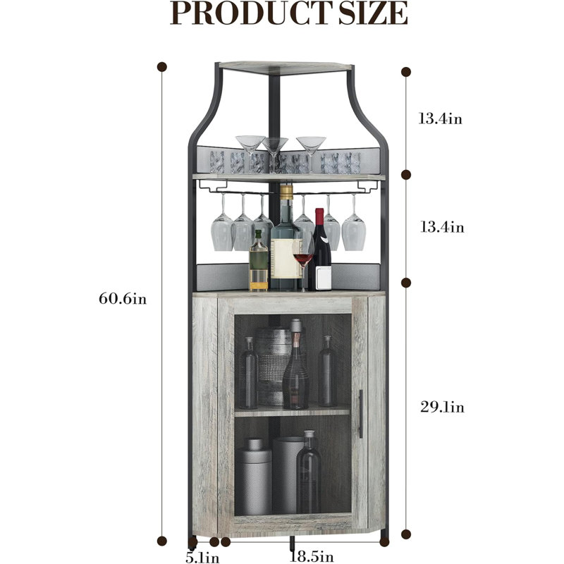 Bar rustique à 5 niveaux avec porte verrouillable, support en verre et tablettes réglables pour la salle à manger, Gris