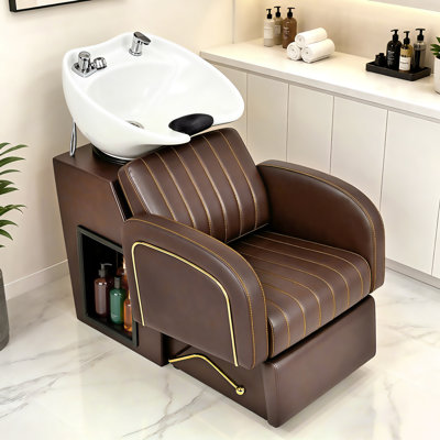 Ensemble de cuve à shampooing autoportante et chaise avec lavabo et robinet en céramique inclinable, station de lavage à contre-courant tout-en-un avec rangement pour salons et spas professionnels