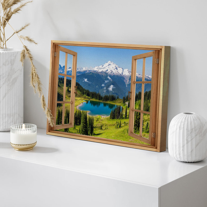 «Window View Snowy Mountain Range Summer Countryside Lake Nature Decor Decor Rustic Landscape» sur toile, H 32 po x l 48 po