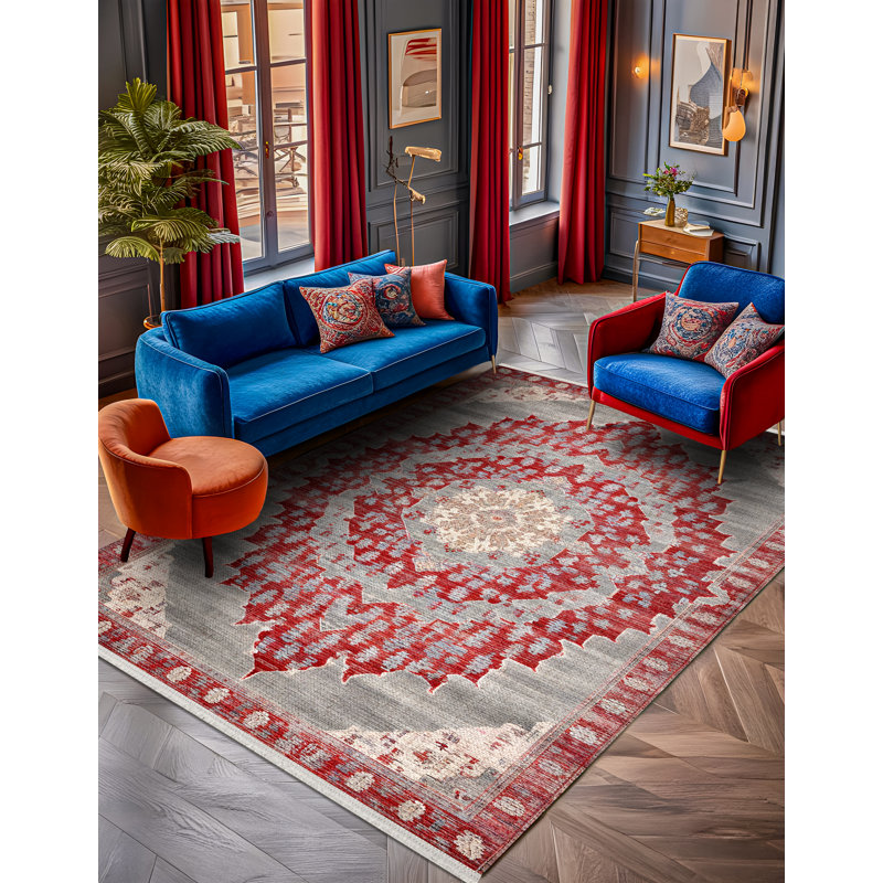 Notto Green Red Beige Oriental Machine Printed Cotton Polyester Area Rug, Runner 3'4" x 9'11"