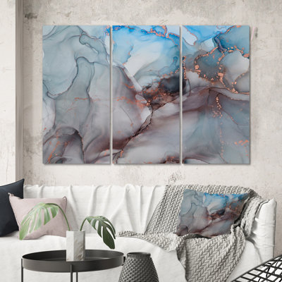 Gray And Blue Liquid Art - 3 Piece Wrapped Canvas Painting