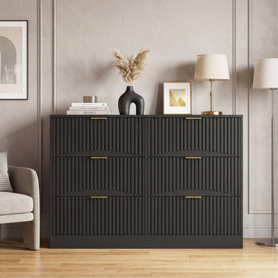 Modern 6-Drawer Dresser, Chest of Drawers for Bedroom, Living Room, Hallway, and Entryway - Large Storage Cabinet, Black,Drawer panel with wavy patter