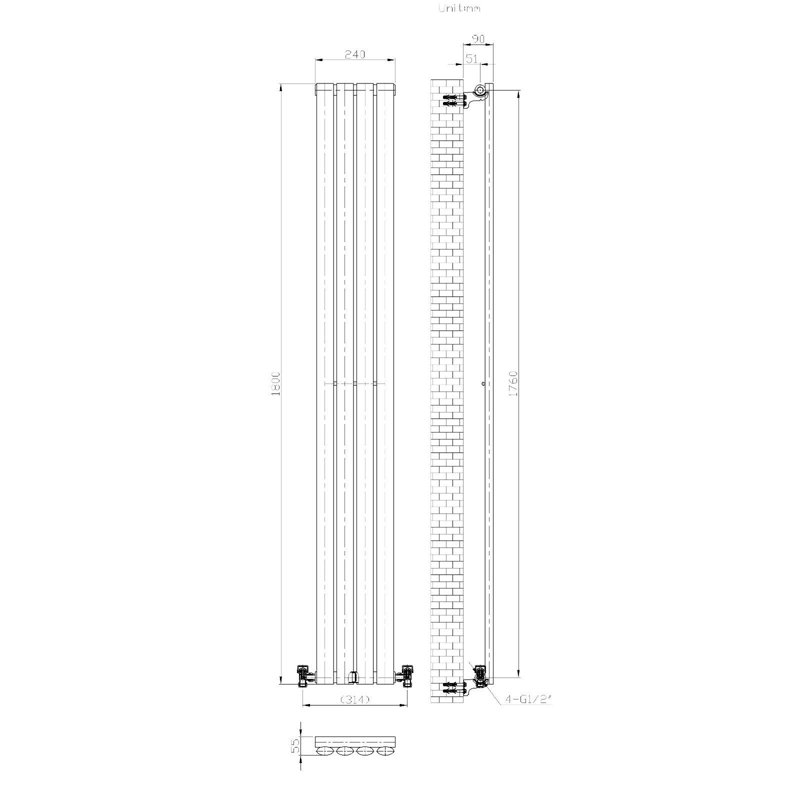 iBathUK Princia Vertical Single Oval Panel Radiator, 1800cm H x 240cm W x 55cm D, Grey