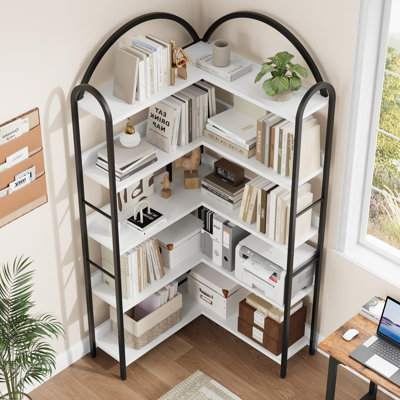 Corner Bookshelf Industrial Bookcase, L Shaped Bookshelf Arched 5 Tier Corner Shelf, Large Bookshelf with Metal Frame, Etagere Shelf Corner Display Ra