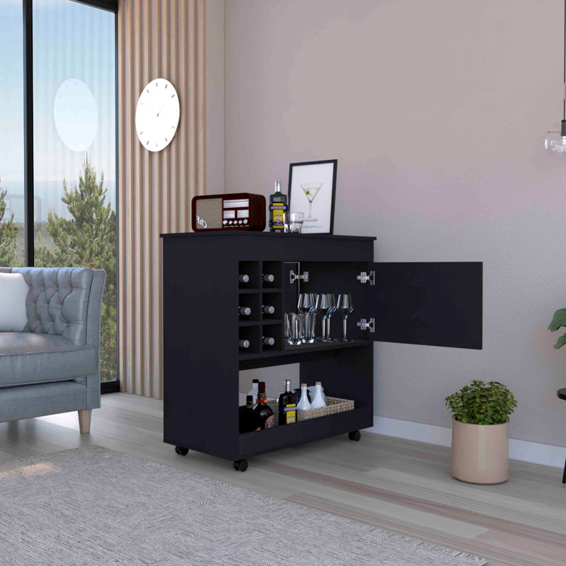 Modern Bar Cart, Lower Panel, Six Bottle Cubbies, One Cabinet -Black, Black