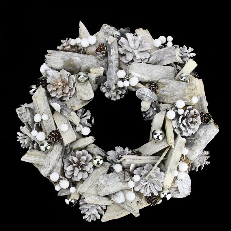 Couronne de Noël artificielle blanche en bois flotté et pomme de pin - non éclairée 13 pouces