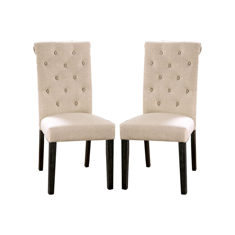 Ensemble de 2 chaises de salle à manger rembourrées en tissu noir antique et ivoire