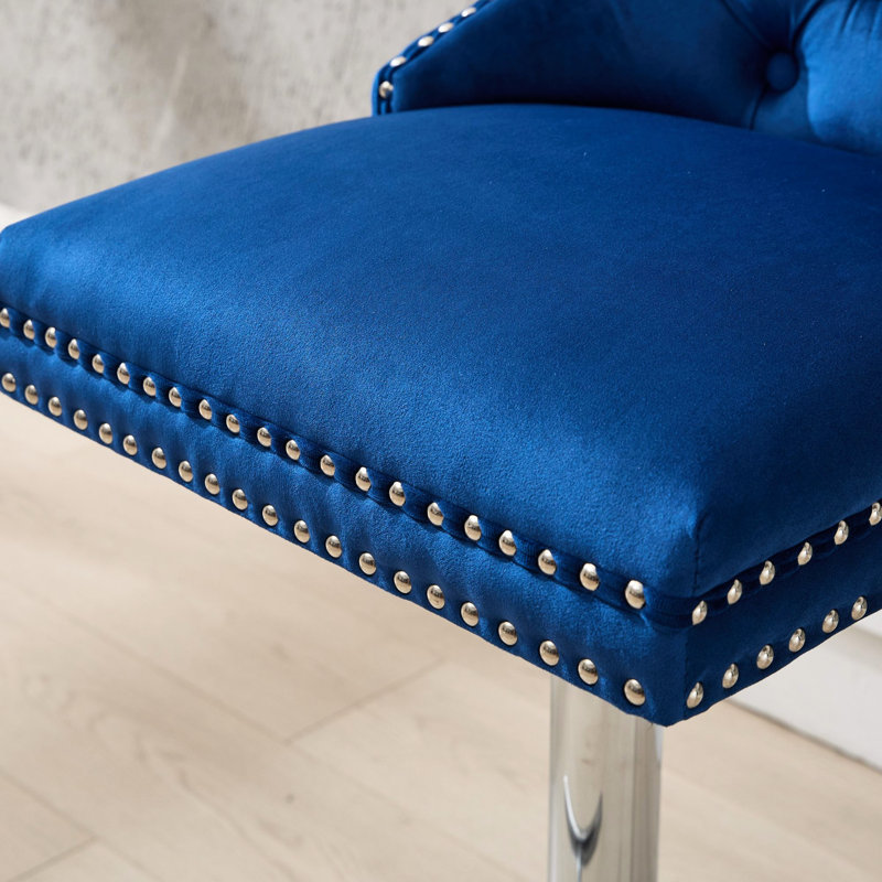 Velours bleu Louis avec base épaisse de 17,7 po, hauteur réglable de 25 à 33 po, de 2, pivotant à hauteur de diamant pour îlot de cuisine, boutons et pub pour la maison