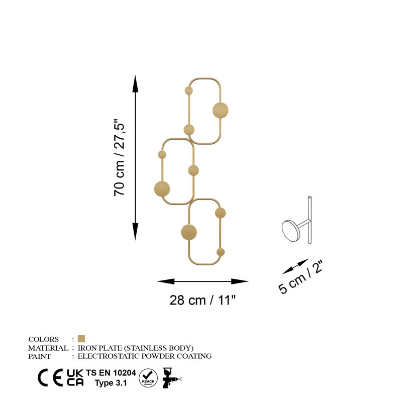 Crochet mural élégant en métal doré, 27,6 po x 2,0 po x 27,6 po | Corps en métal durable, épaisseur: 0,4 pouce | Capacité de charge maximale: 22 lb | Parfait pour le vestibule, la salle de bain ou l'organisation de la cuisine | Élégante décoration intérieure