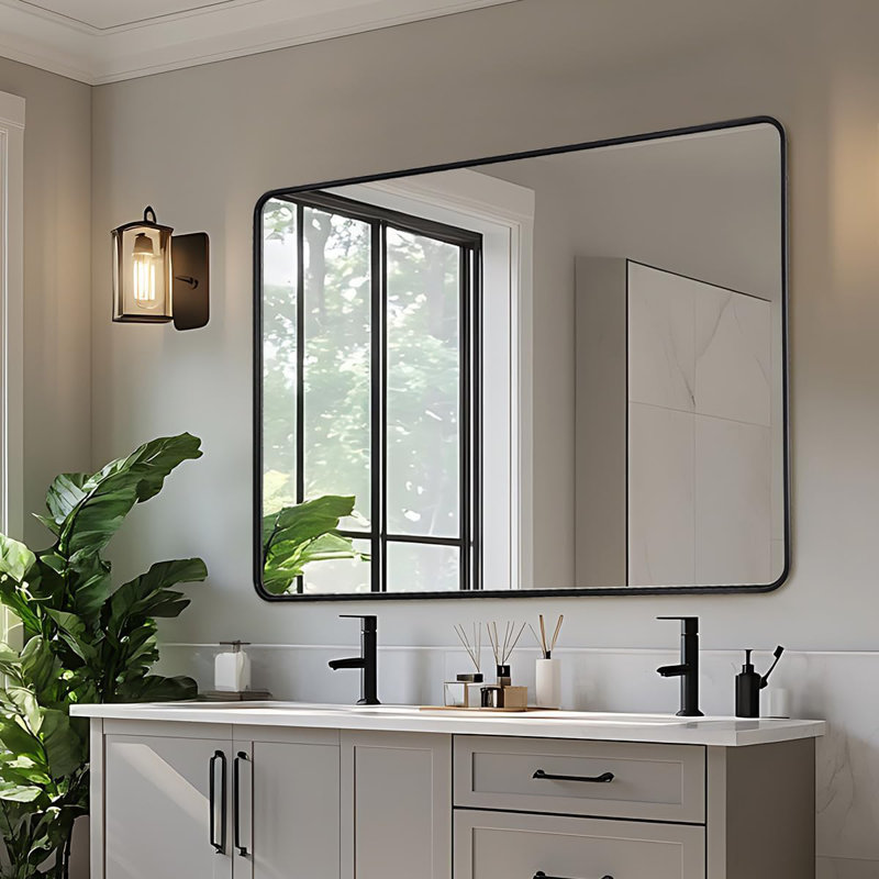 Miroir de salle de bain rectangulaire contemporain | Cadre épais en acier inoxydable, Noir mat, 48 po x 36 po