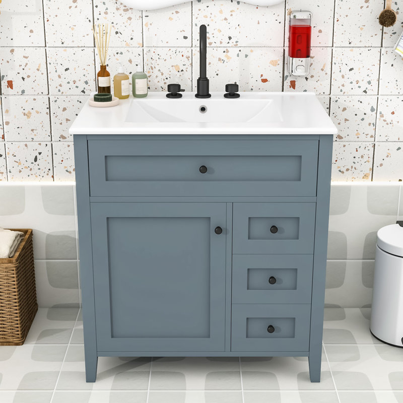 Meuble-lavabo en bois avec lavabo, 3 tiroirs et tablette réglable, Blue Gray, 30"
