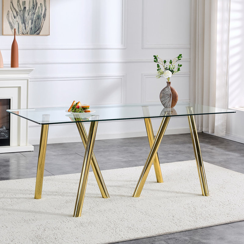Table de salle à manger en verre trempé avec pieds robustes en métal, H 30,03 po x L 71,03 po x l 31,53 po, Doré