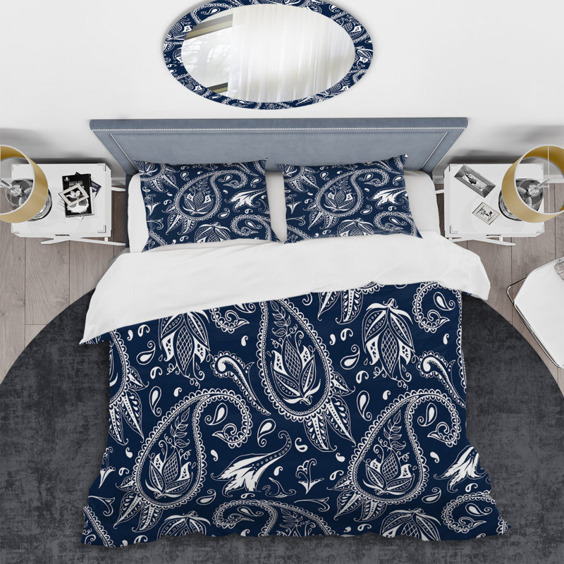 Blue Floral Paisley - Patterned Duvet Cover Set, King Duvet Cover + 2 King Shams
