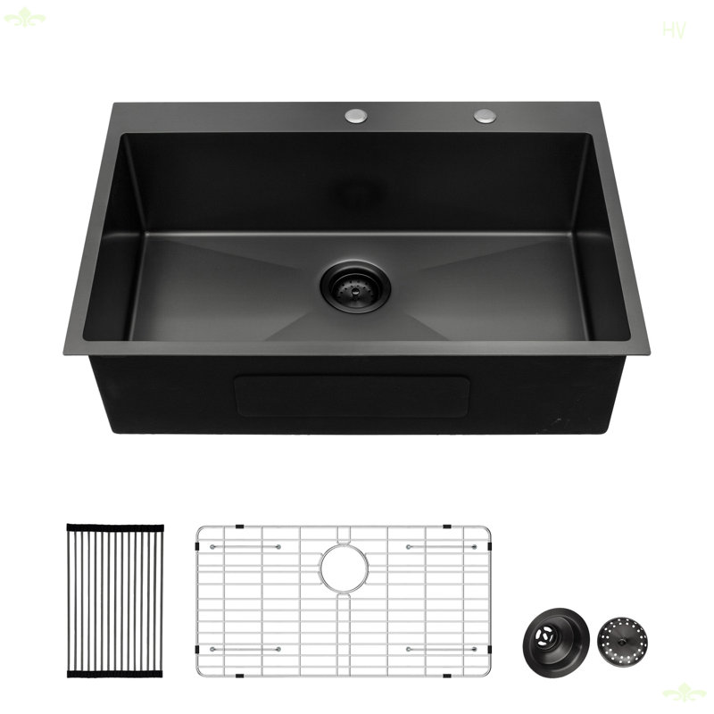Drop Sink, 28X22 Inch Drop In Kitchen Sink Topmount 16 Gauge Deep Single Bowl Stainless Steel Sink Basin, Matt Black