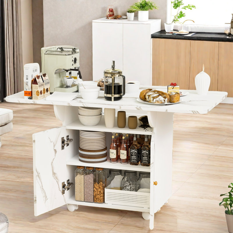 Rabehi Folding Dining Table with 6 Wheels, Storage Rack,Cabinet and Marble Texture