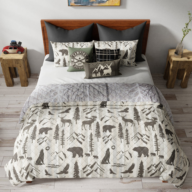 Gray Reversible King Microfiber Quilt Set with Wildlife Design