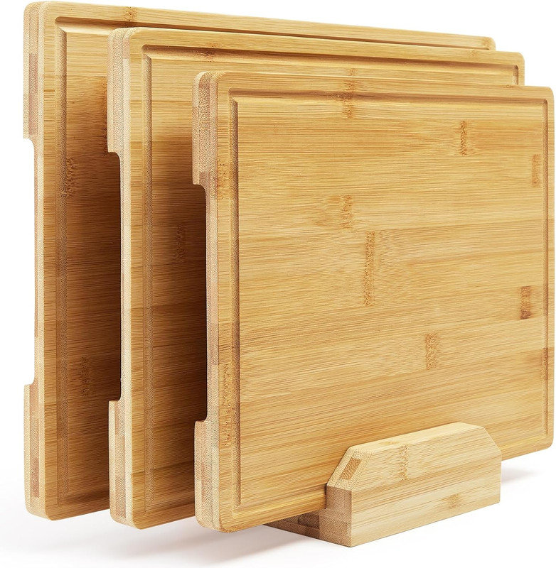 Ensemble de 3 planches à découper en bambou, ensemble de planches à découper de cuisine avec support, ensemble de planches à découper
