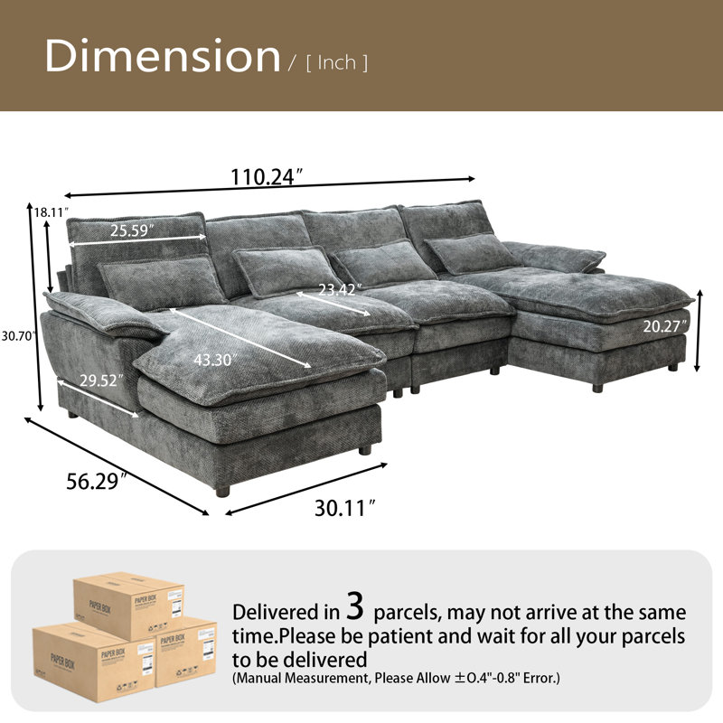 Canapé modulaire de 110 po avec canapé double Cloud, Gris chenille