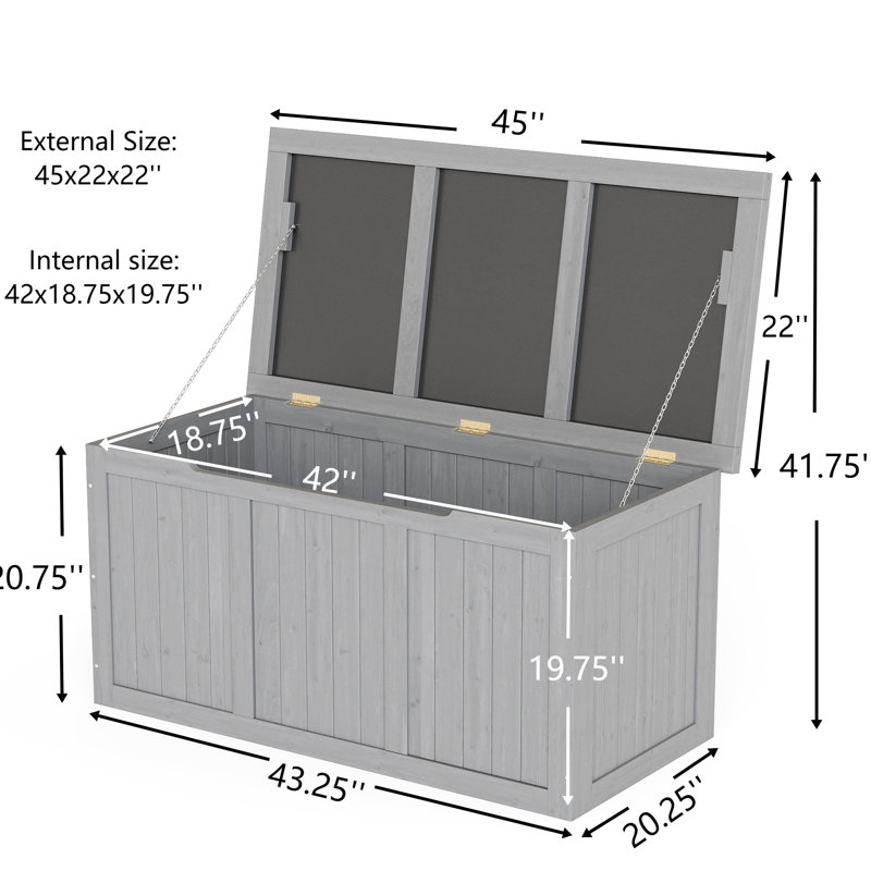67 Gallon Solid Wood Outdoor Deck Box For Storing Patio Furniture Cushions, Pool Accessories, And Gardening Tools, Grey, Low - Maintenance Secure Usage Access
