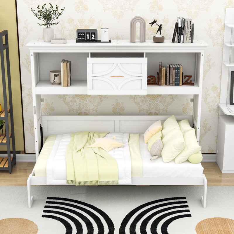 Lit escamotable 1 place en bois avec station de charge et tablettes, Blanc