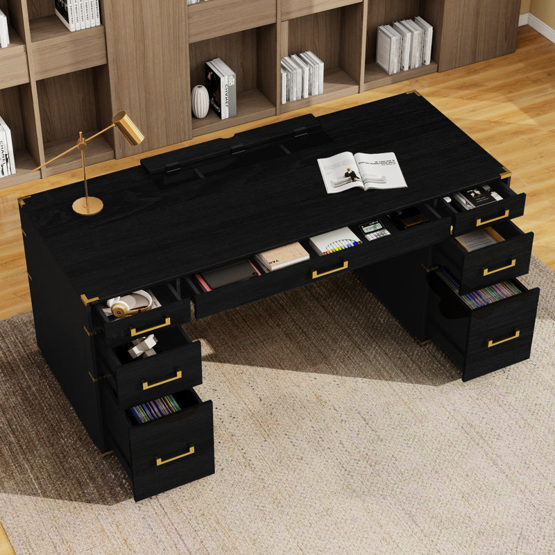 Bureau avec bordure en métal, 5 petits tiroirs, 2 tiroirs-classeurs pour configuration de bureau à très grand bord de 70 pouces, 7 rangements et ports cachés
